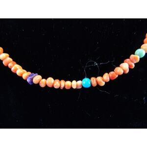 Turquoise & Tiger Coral Beaded Necklace 14 in